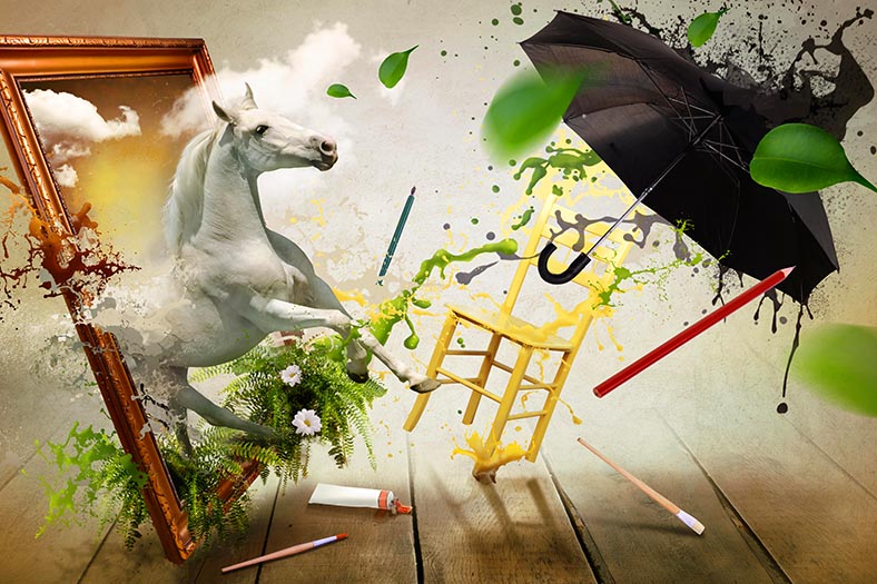 Image of a mixture of art. There is a horse bursting through a door with a chair and other items being thrown.