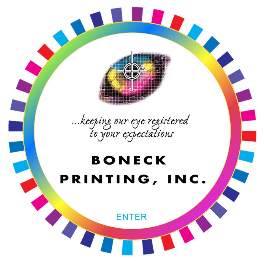Boneck Printing Logo with design around it